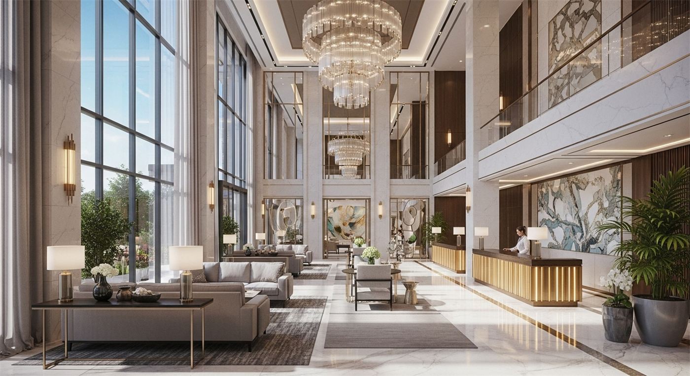 Double height arrival lobby at J7 Icon